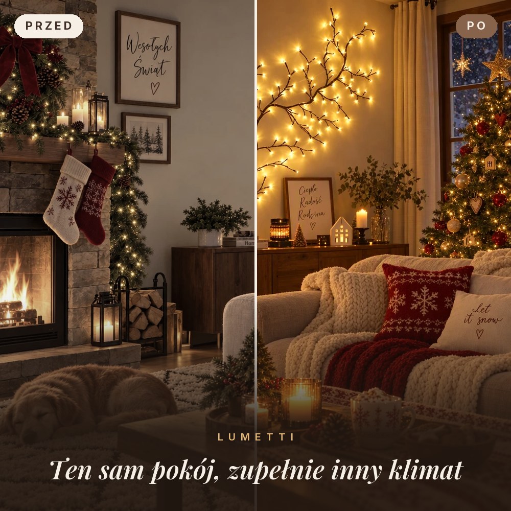 Salon przed i po zawieszeniu gałązki LED