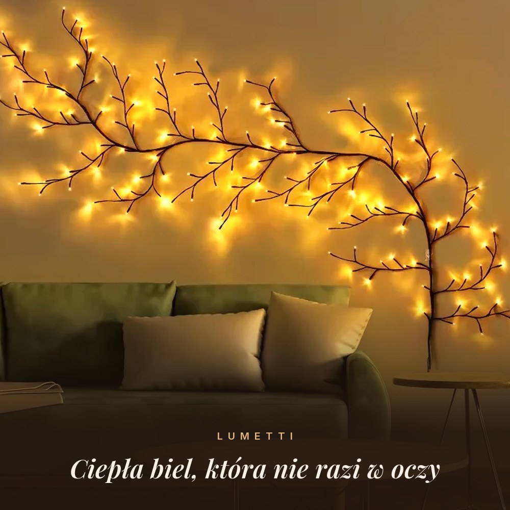 Ciepłe białe światło gałązki nad kanapą