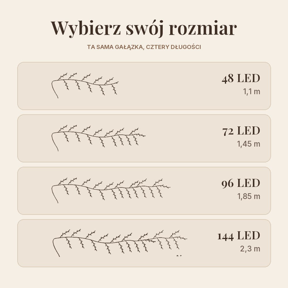 Rozmiary gałązki: 48, 72, 96 i 144 LED